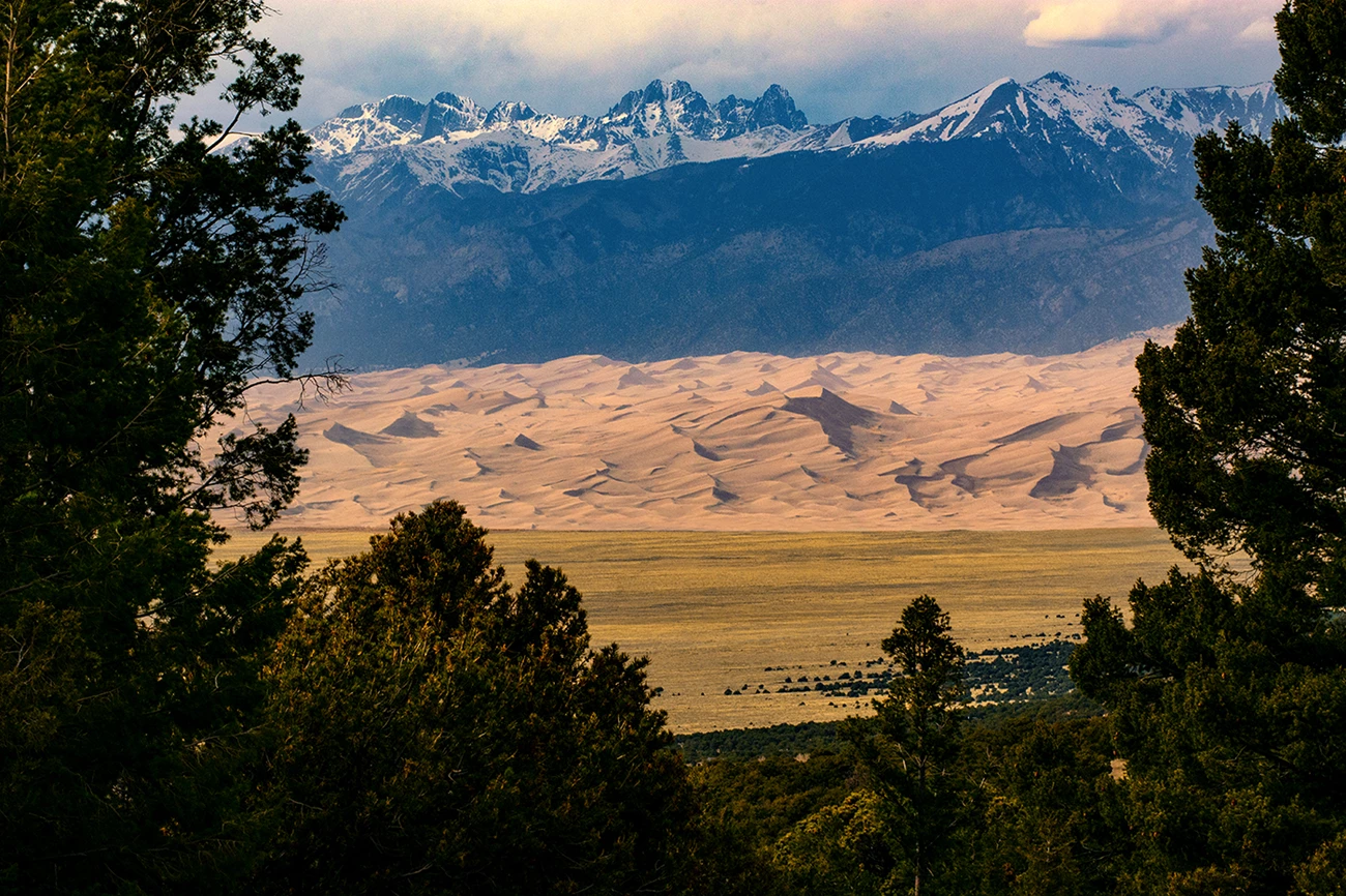 The Great Sand Dunes beneath the snow-covered Sangre de Cristo Mountains in Colorado
